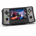 iGameConsole R50 Ultra H grey retro handheld game console shown as a standalone color option with a wide display, left D-pad, right ABXY buttons, dual RGB-ring joysticks, center control buttons, and a colorful racing game screen on a clean white background.