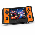 iGameConsole R50 Ultra H orange retro handheld game console shown as a standalone color option with a wide display, left D-pad, right ABXY buttons, dual RGB-ring joysticks, center control buttons, and a bold racing game display on a clean white background.