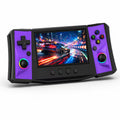 iGameConsole R50 Ultra H purple retro handheld game console shown as a standalone color option with a wide display, left D-pad, right ABXY buttons, dual RGB-ring joysticks, center control buttons, and a vibrant racing game display on a clean white background.