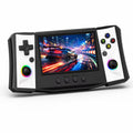 iGameConsole R50 Ultra H white retro handheld game console shown as a standalone color option with a wide display, left D-pad, right ABXY buttons, dual RGB-ring joysticks, center control buttons, and a vivid racing game screen on a clean white background.