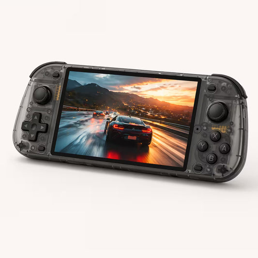 iGameConsole R50S transparent smoke gray handheld game console with a wide racing game screen, dual joysticks, D-pad, ABXY buttons, and clear shell details on a clean white background.