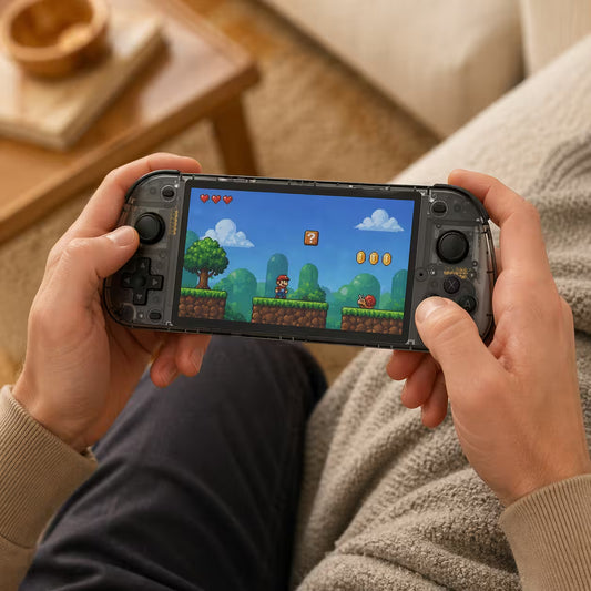 Adult hands holding the iGameConsole R50S transparent smoke gray portable handheld console, showing its compact horizontal design, comfortable grip, dual joysticks, D-pad, ABXY buttons, and retro platform game screen.