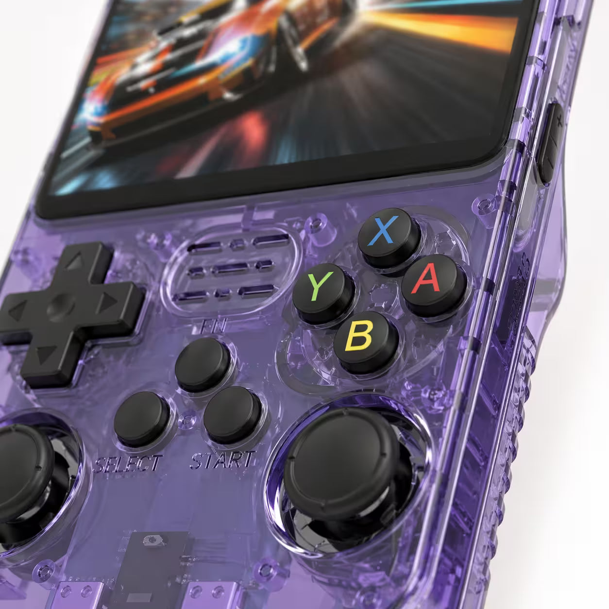 Close-up of the iGameConsole retro handheld console showing tactile ABXY buttons, D-pad, joysticks, screen edge, and transparent purple shell details.