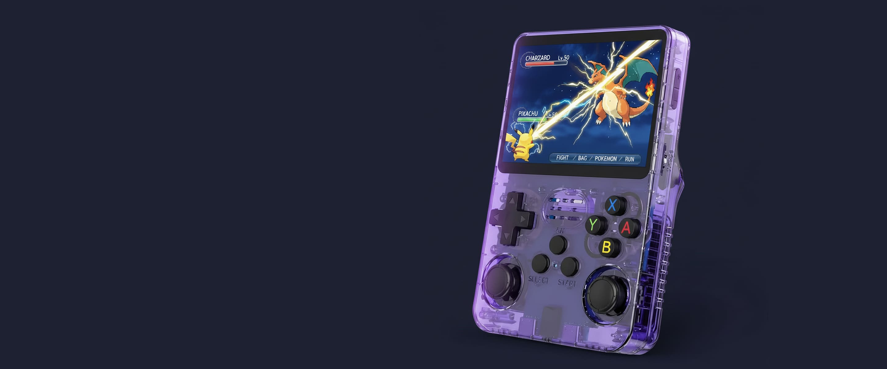 R36S Purple Handheld Console — Pikachu vs Charizard Battle