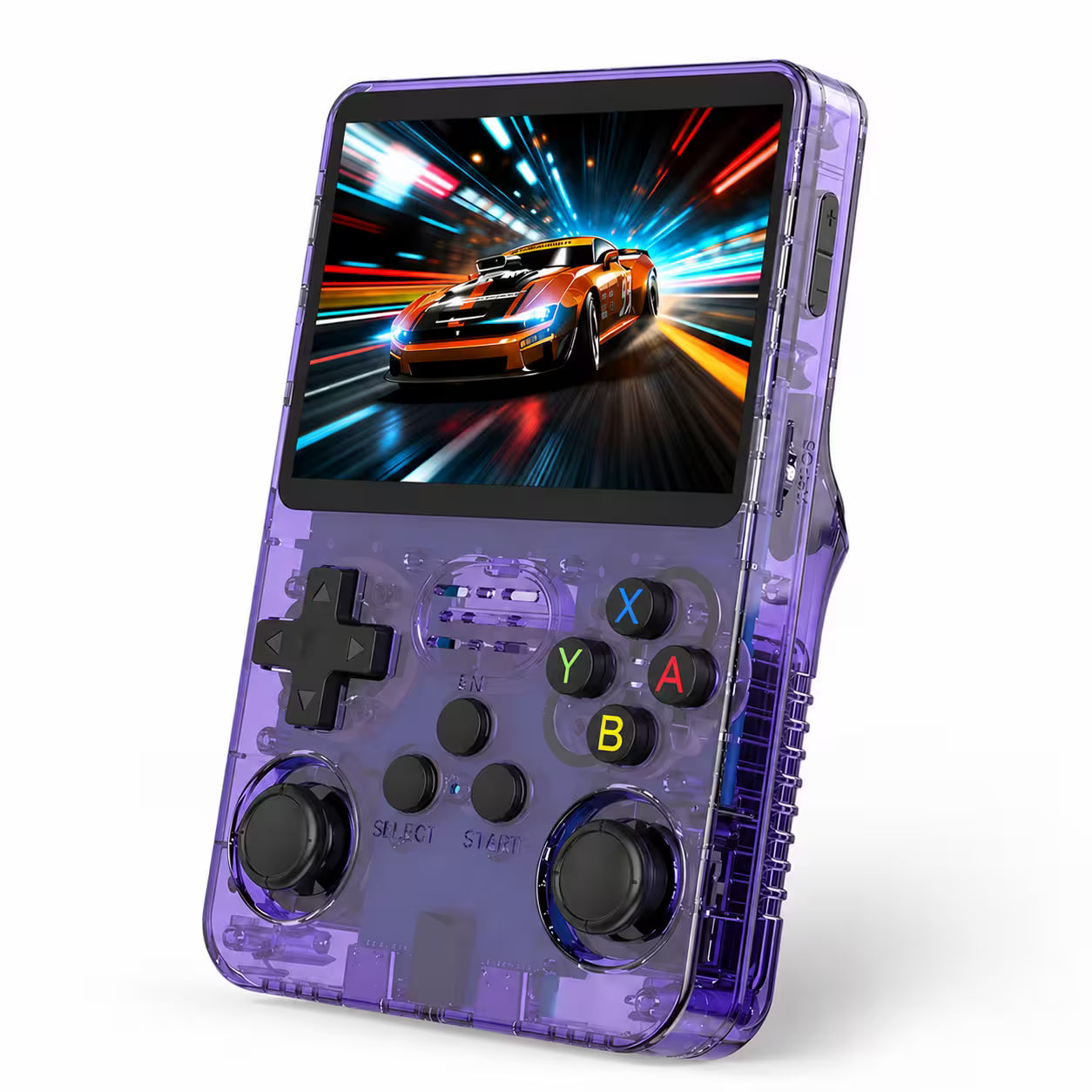 iGameConsole transparent purple retro handheld game console with dual joysticks, D-pad, ABXY buttons, and a vivid pixel racing screen on a clean white background.