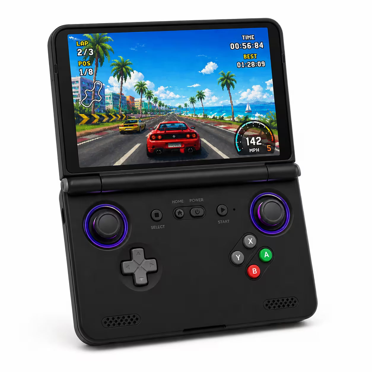iGameConsole Retroid Pocket Flip2 black clamshell retro handheld game console with a foldable screen, D-pad, dual RGB-ring joysticks, ABXY buttons, speaker grilles, and colorful racing game display on a clean white background.