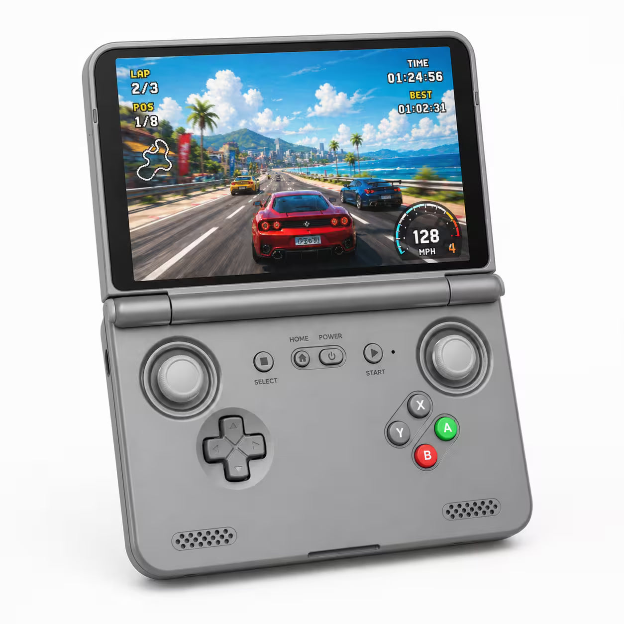 iGameConsole Retroid Pocket Flip2 gray portable handheld console with a foldable clamshell design, dual joysticks, D-pad, ABXY buttons, speaker grilles, and bright racing game screen on a clean white background.