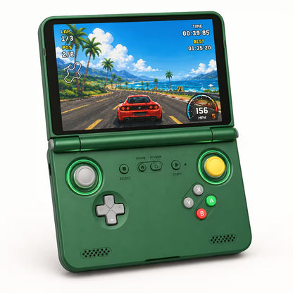 iGameConsole Retroid Pocket Flip2 green portable gaming console with a foldable display, green shell, dual RGB-ring joysticks, D-pad, ABXY buttons, speaker grilles, and pixel racing game screen on a clean white background.