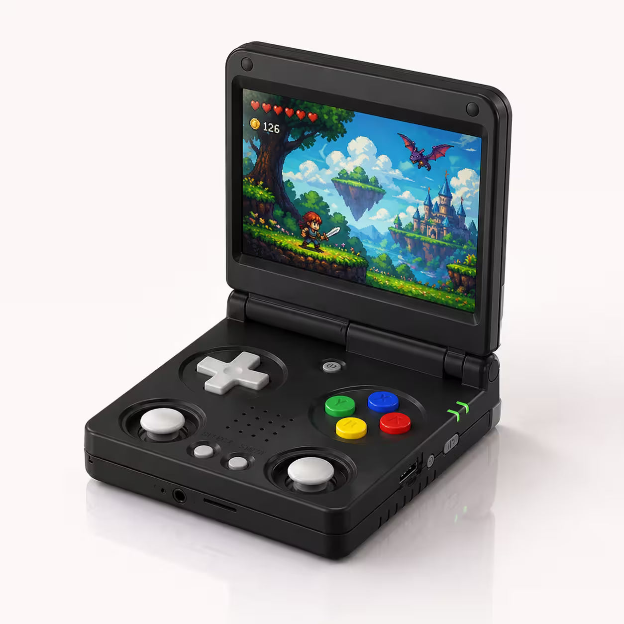 iGameConsole RG34XXSP Foldable Pro black portable handheld console shown as a standalone color option with a clamshell design, white D-pad, dual joysticks, colorful ABXY buttons, speaker holes, side controls, and retro pixel game display on a clean white background.