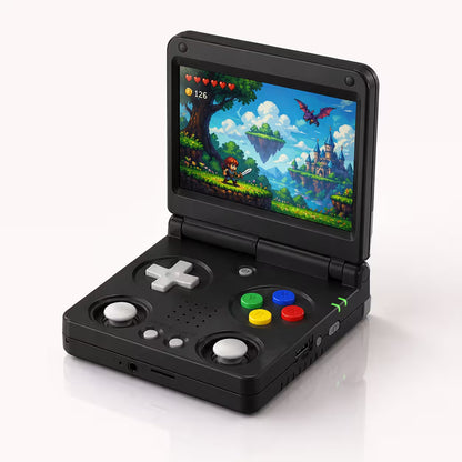 iGameConsole RG34XXSP Foldable Pro black portable handheld console shown as a standalone color option with a clamshell design, white D-pad, dual joysticks, colorful ABXY buttons, speaker holes, side controls, and retro pixel game display on a clean white background.