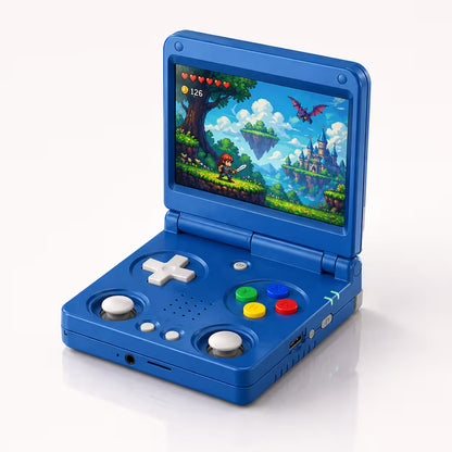 iGameConsole RG34XXSP Foldable Pro blue clamshell retro handheld game console shown as a standalone color option with a foldable display, white D-pad, dual joysticks, colorful ABXY buttons, speaker holes, side ports, and pixel platform game screen on a clean white background.