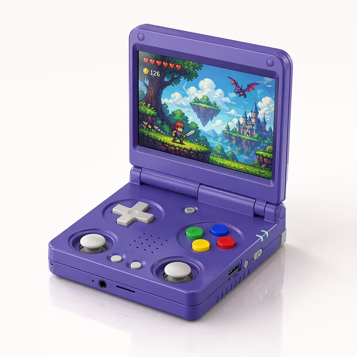 iGameConsole RG34XXSP Foldable Pro purple clamshell handheld game console with a foldable screen, dual joysticks, D-pad, colorful ABXY buttons, and a pixel-art game display on a clean white background.