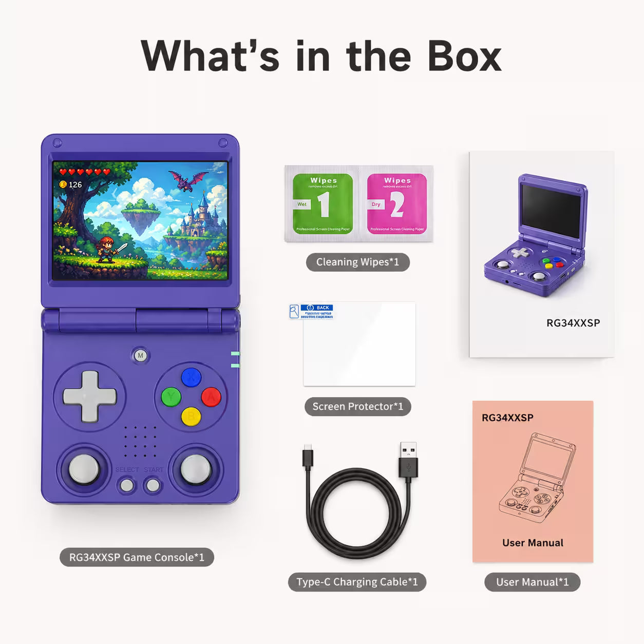 iGameConsole RG34XXSP Foldable Pro purple clamshell portable gaming console displayed in a What’s in the Box layout with the gift box, Type-C charging cable, screen protector, cleaning wipes, user manual, D-pad, ABXY buttons, dual joysticks, and clean white studio background.