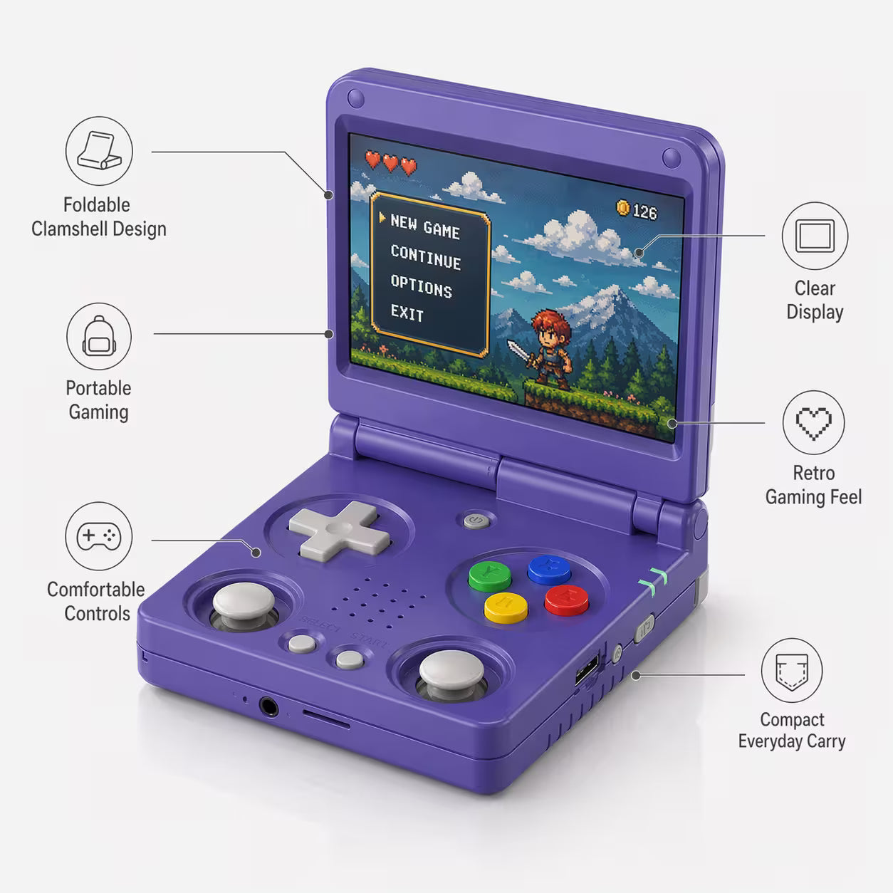 Feature-highlight image of the iGameConsole RG34XXSP Foldable Pro purple handheld game console with callouts for foldable clamshell design, clear display, portable gaming, comfortable controls, and compact everyday carry.