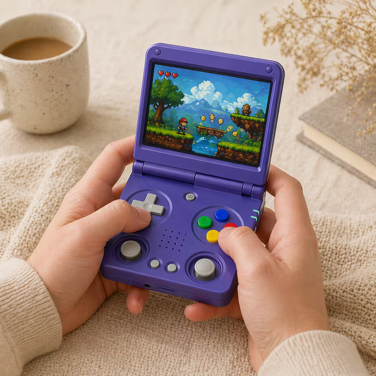 Adult hands holding the iGameConsole RG34XXSP Foldable Pro purple portable handheld console, showing its compact foldable design, dual joysticks, D-pad, colorful buttons, and retro platform game screen.