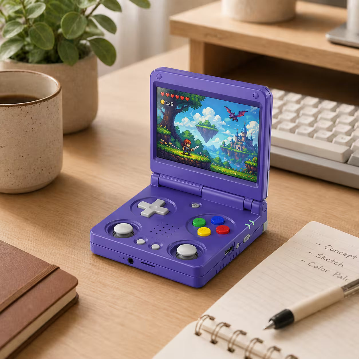 iGameConsole RG34XXSP Foldable Pro purple retro portable console on a clean modern desk setup with a keyboard, coffee mug, notebook, plant, and colorful pixel game screen.