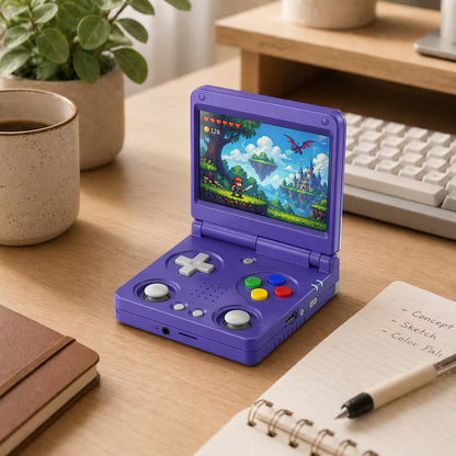 iGameConsole RG34XXSP Foldable Pro purple retro portable console on a clean modern desk setup with a keyboard, coffee mug, notebook, plant, and colorful pixel game screen.