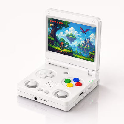 iGameConsole RG34XXSP Foldable Pro white portable gaming console shown as a standalone color option with a foldable screen, white D-pad, dual joysticks, colorful ABXY buttons, speaker holes, visible side ports, and colorful pixel game scene on a clean white background.