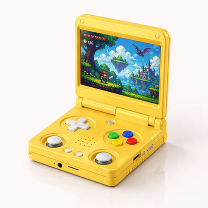 iGameConsole RG34XXSP Foldable Pro yellow retro handheld console shown as a standalone color option with a clamshell body, white D-pad, dual joysticks, colorful ABXY buttons, speaker holes, side ports, and pixel platform game screen on a clean white background.