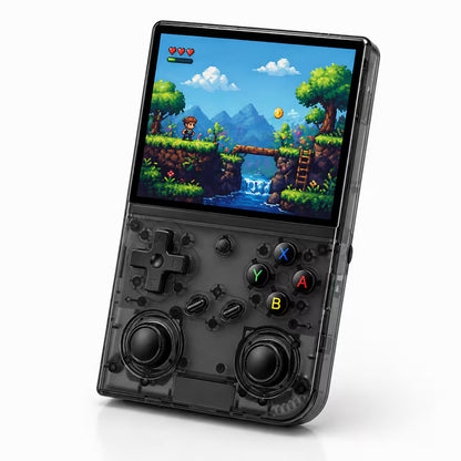 iGameConsole RG35XX Pro transparent black retro handheld game console shown as a standalone color option with a vertical display, black D-pad, dual joysticks, ABXY buttons, and colorful pixel platform game screen on a clean white background.