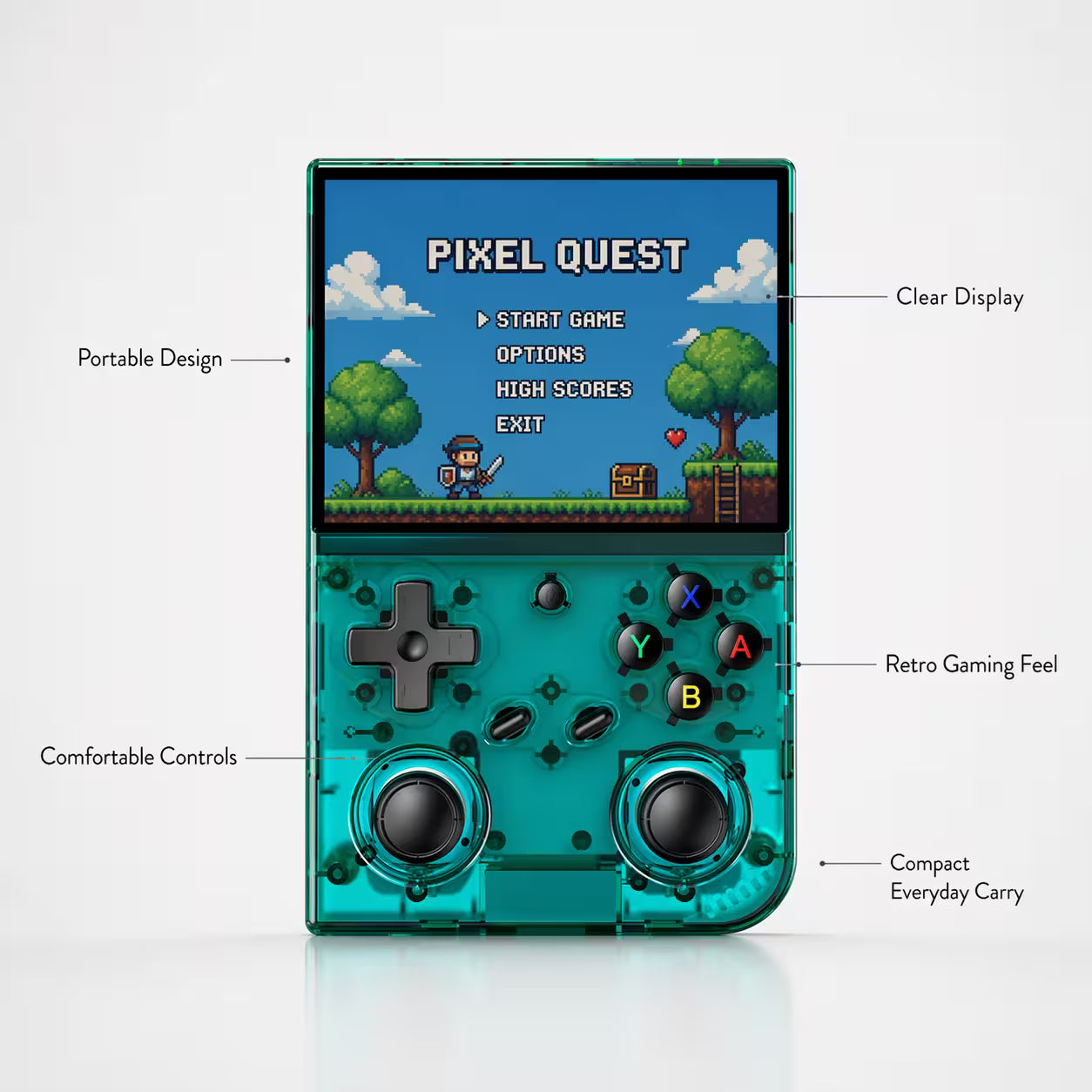 Feature-highlight image of the iGameConsole RG35XX Pro transparent teal handheld game console with callouts for portable design, clear display, retro gaming feel, comfortable controls, and compact everyday carry.