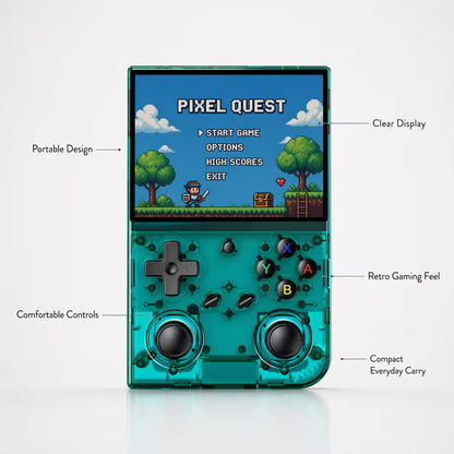 Feature-highlight image of the iGameConsole RG35XX Pro transparent teal handheld game console with callouts for portable design, clear display, retro gaming feel, comfortable controls, and compact everyday carry.