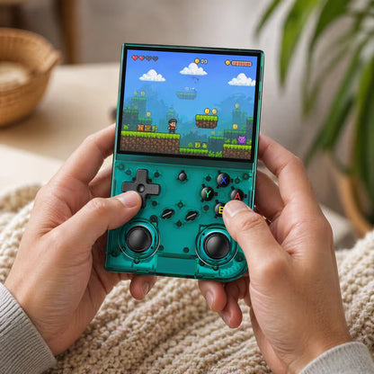 Adult hands holding the iGameConsole RG35XX Pro transparent teal portable handheld console, showing its compact size, comfortable grip, dual joysticks, D-pad, ABXY buttons, and retro platform game screen.