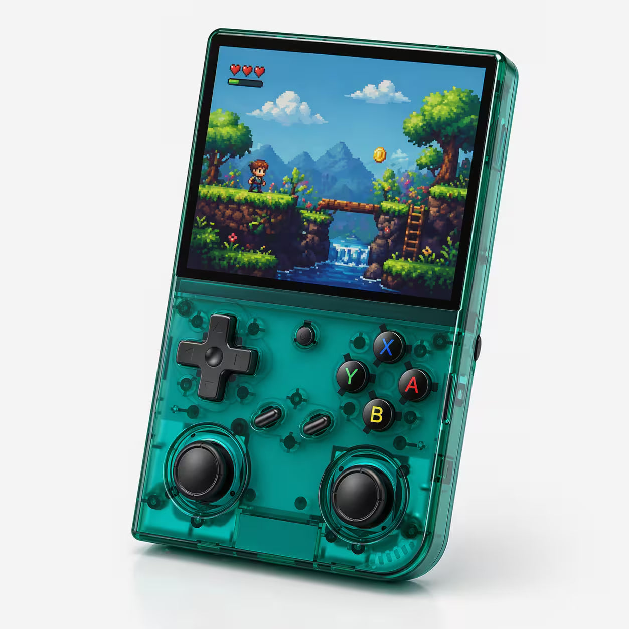 iGameConsole RG35XX Pro transparent teal retro handheld game console with a vertical display, dual joysticks, D-pad, ABXY buttons, and a colorful pixel game screen on a clean white background.