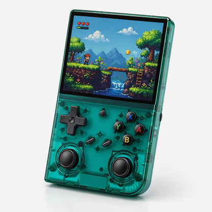iGameConsole RG35XX Pro transparent teal retro handheld game console with a vertical display, dual joysticks, D-pad, ABXY buttons, and a colorful pixel game screen on a clean white background.