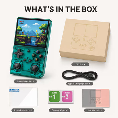 iGameConsole RG35XX Pro transparent teal retro handheld game console displayed in a What’s in the Box layout with the gift box, Type-C charging cable, screen protector, cleaning wipes, user manual, D-pad, ABXY buttons, dual joysticks, and clean white studio background.