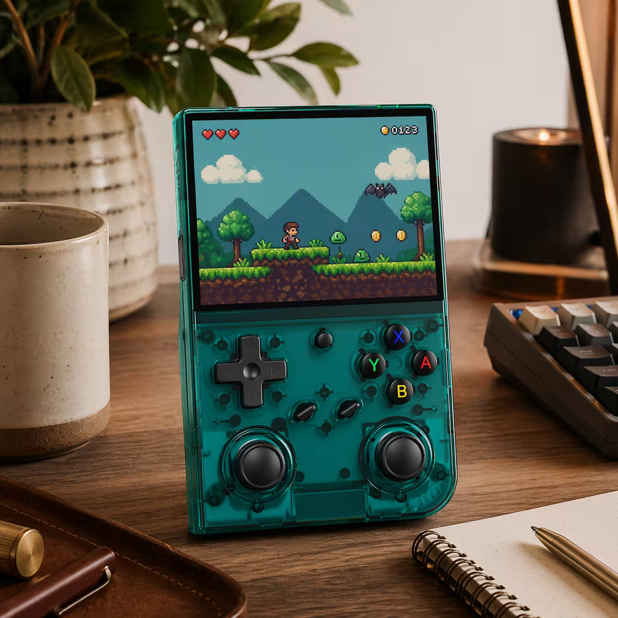 iGameConsole RG35XX Pro transparent teal retro portable console on a clean modern desk setup with a keyboard, coffee mug, notebook, plant, and colorful pixel game screen.