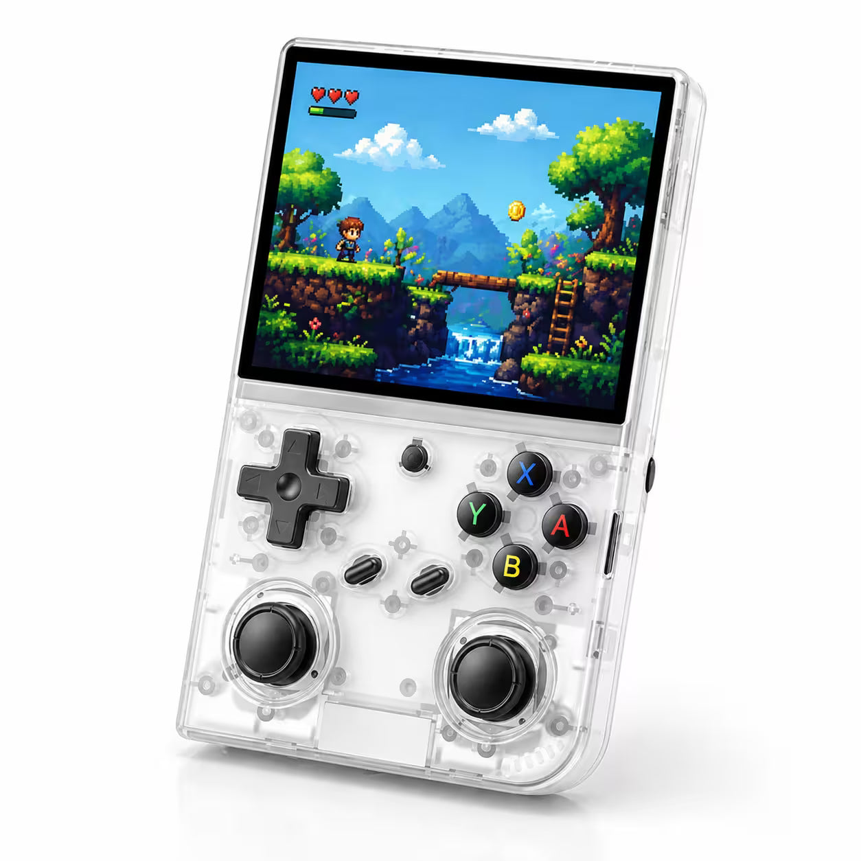iGameConsole RG35XX Pro transparent white portable handheld console shown as a standalone color option with a vertical display, black D-pad, dual joysticks, ABXY buttons, and bright pixel platform game screen on a clean white background.