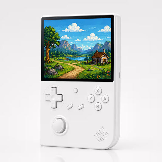iGameConsole RG40XX V white retro handheld game console with a vertical body, large display, D-pad, joystick, ABXY buttons, speaker grille, and colorful pixel game screen on a clean white background.