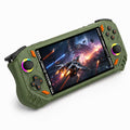 iGameConsole RG52 Pro Max army green portable handheld console shown as a standalone color option with a horizontal display, D-pad, ABXY buttons, orange accent buttons, dual RGB-ring joysticks, rugged grip details, and sci-fi space game screen on a clean white background.