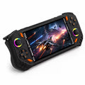 iGameConsole RG52 Pro Max matte black retro handheld game console shown as a standalone color option with a wide display, D-pad, ABXY buttons, orange accent buttons, dual RGB-ring joysticks, sculpted grips, and sci-fi space game screen on a clean white background.
