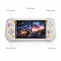 Feature-highlight image of the iGameConsole RG52 Pro Max off-white and orange handheld game console with callouts for portable design, clear display, ergonomic grip, dual joysticks, RGB rings, and responsive controls.