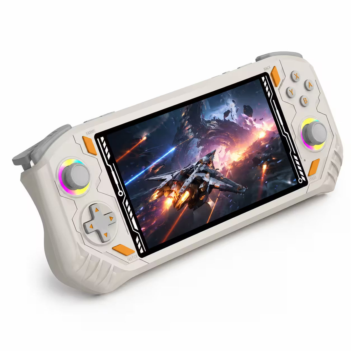 iGameConsole RG52 Pro Max off-white and orange handheld game console with a horizontal design, dual RGB-ring joysticks, gray D-pad, light gray ABXY buttons, and a vivid action game screen on a clean white background.