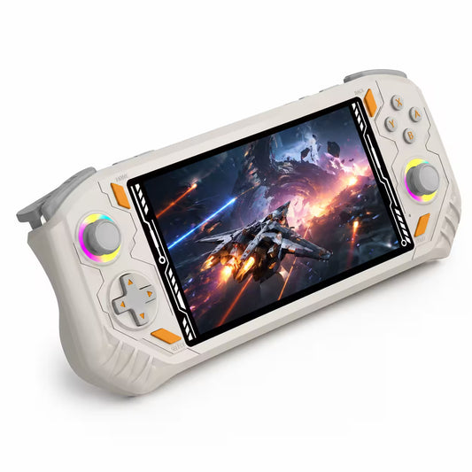 iGameConsole RG52 Pro Max off-white and orange handheld game console with a horizontal design, dual RGB-ring joysticks, gray D-pad, light gray ABXY buttons, and a vivid action game screen on a clean white background.