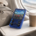 iGameConsole transparent blue portable gaming console on a travel tray table with a backpack and coffee cup, showing retro gaming on the go.