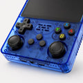 Close-up of the iGameConsole transparent blue retro handheld console showing black dual joysticks, D-pad, ABXY buttons, select and start buttons, speaker holes, ports, and translucent shell details.
