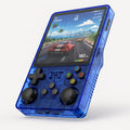 iGameConsole transparent blue retro handheld game console with a vivid racing game screen, dual joysticks, D-pad, ABXY buttons, and clear shell details on a clean white background.