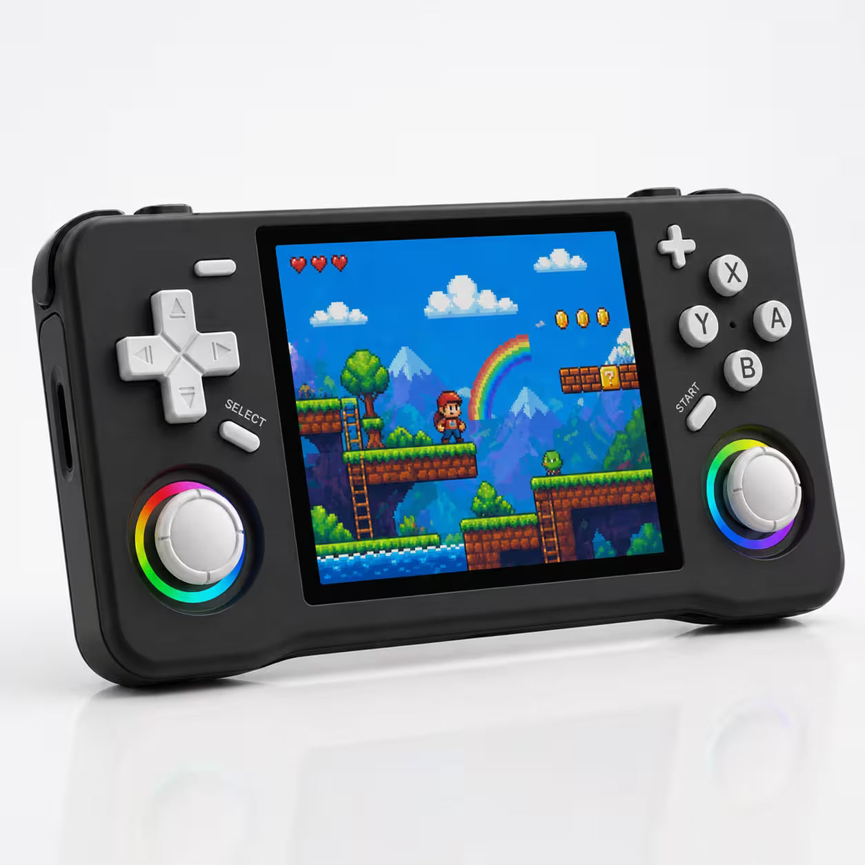 iGameConsole XF35H black portable gaming console shown as a standalone color option with a horizontal display, white D-pad, ABXY buttons, dual RGB-ring joysticks, and colorful retro game screen on a clean white background.