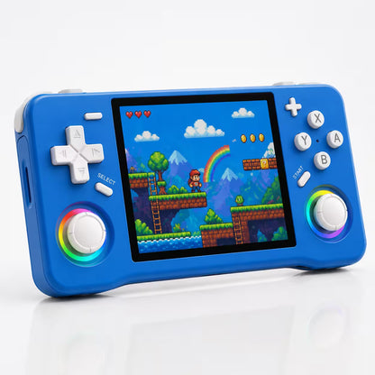 iGameConsole XF35H blue portable handheld console shown as a standalone color option with a wide screen, white D-pad, ABXY buttons, dual RGB-ring joysticks, and bright pixel platform game display on a clean white background.