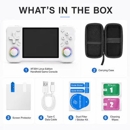 iGameConsole XF35H Linux Edition white handheld game console displayed in a titled What’s in the Box layout with carrying case, screen protector, Type-C data cable, dust filter stickers, cleansing wipes, and a clean white studio background.