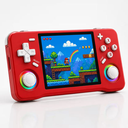 iGameConsole XF35H red retro handheld game console shown as a standalone color option with a horizontal display, white D-pad, ABXY buttons, dual RGB-ring joysticks, and colorful pixel adventure game screen on a clean white background.