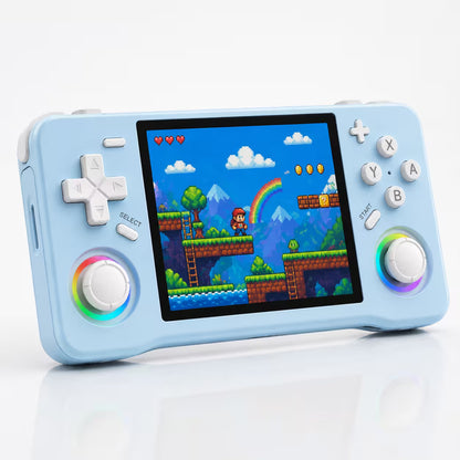 iGameConsole XF35H sky blue retro handheld console shown as a standalone color option with a wide display, white D-pad, ABXY buttons, dual RGB-ring joysticks, and pixel adventure game screen on a clean white background.