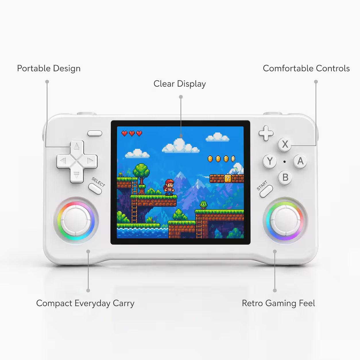 Feature-highlight image of the iGameConsole XF35H white handheld game console with callouts for portable design, clear display, comfortable controls, retro gaming feel, and compact everyday carry.