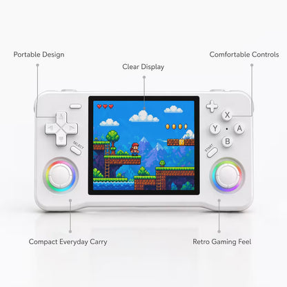 Feature-highlight image of the iGameConsole XF35H white handheld game console with callouts for portable design, clear display, comfortable controls, retro gaming feel, and compact everyday carry.