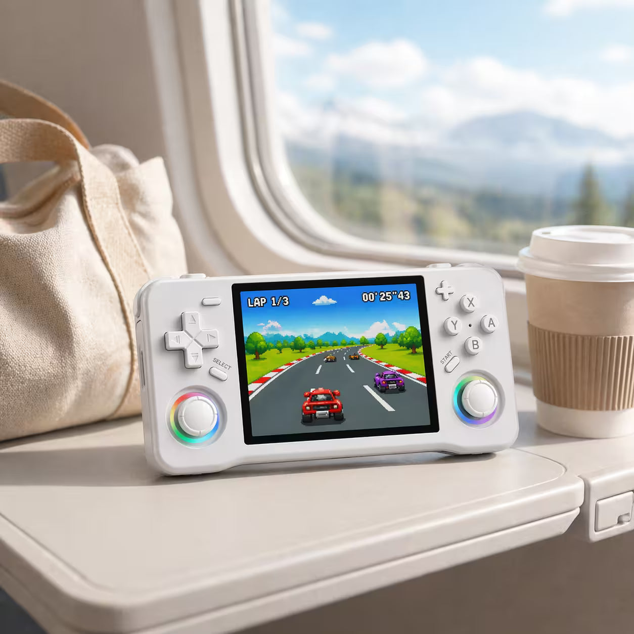 iGameConsole XF35H white portable gaming console on a travel tray table with a coffee cup and travel bag, showing retro gaming on the go.