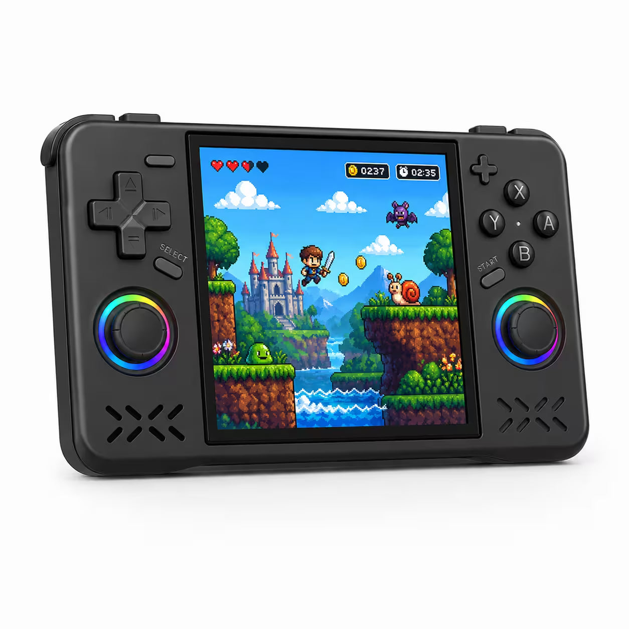 iGameConsole XF40H WiFi Pro black retro handheld game console shown as a standalone color option with a horizontal display, dual RGB-ring joysticks, D-pad, ABXY buttons, speaker vents, and colorful pixel adventure game screen on a clean white background.